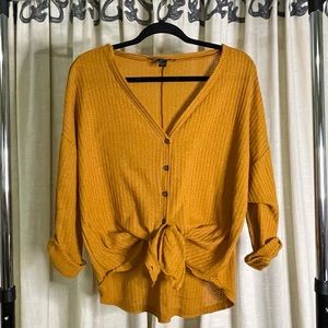 Waffle Knit Tie Front Top, Mustard Yellow